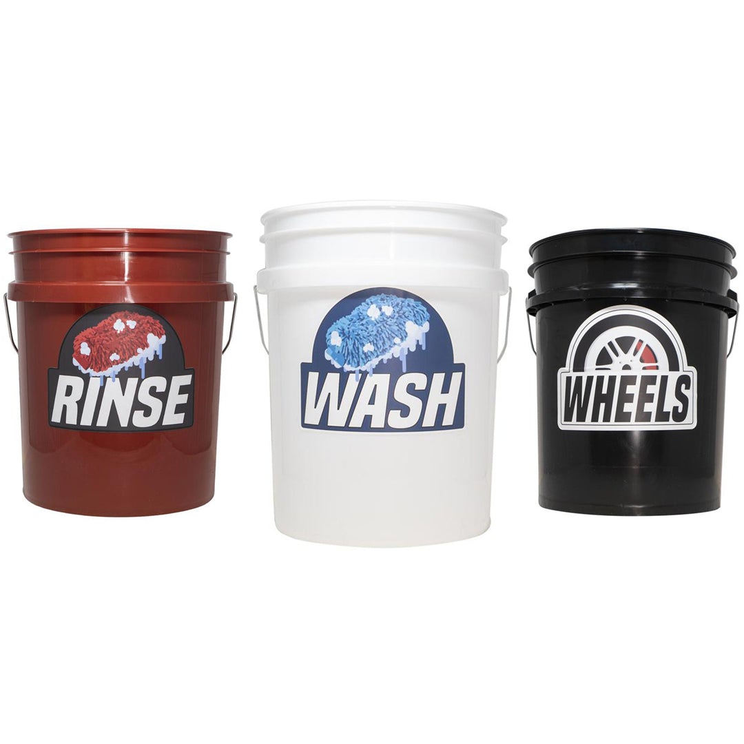 Red Black and White 5 Gallon Car Wash Buckets with Labels
