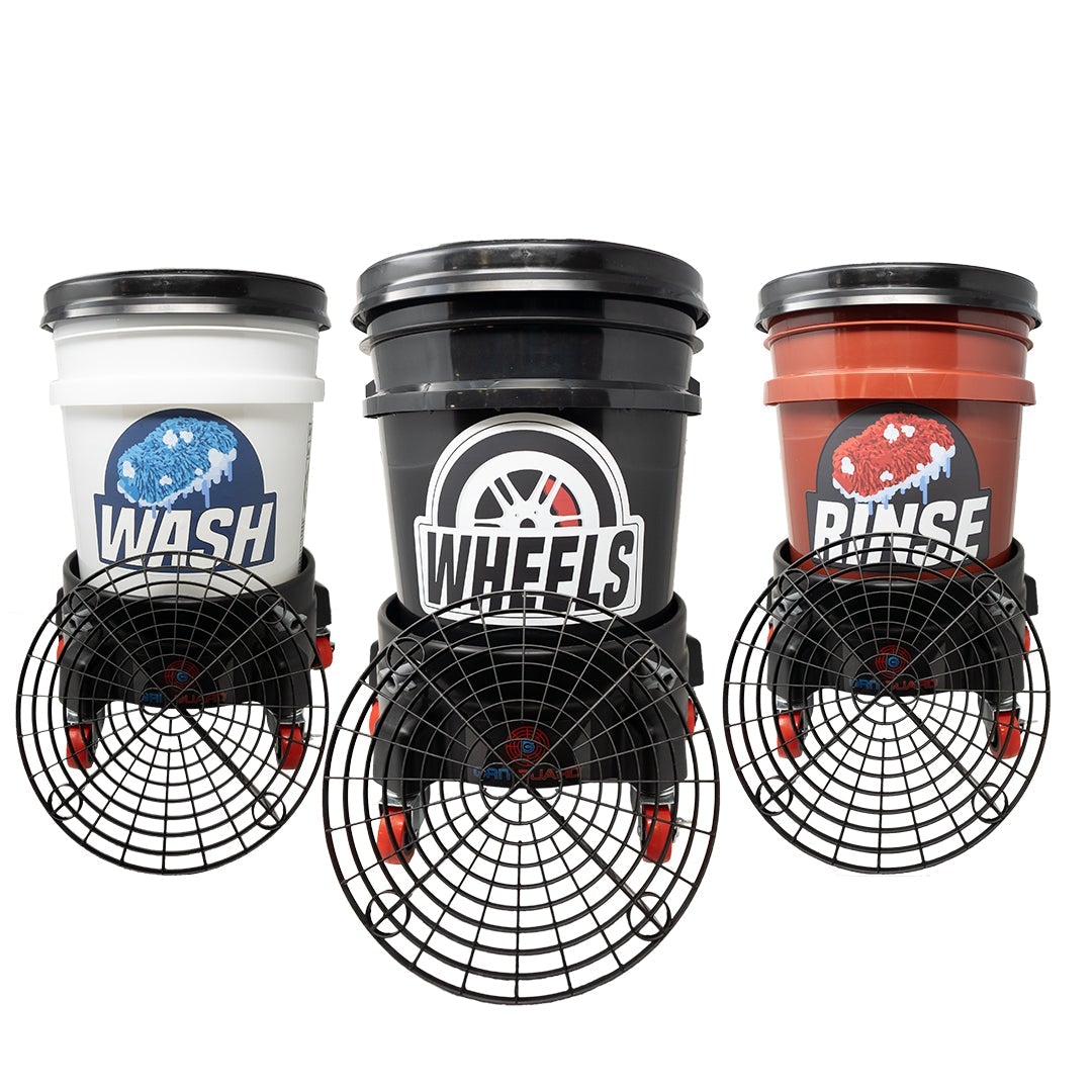 Red Black and White 5 Gallon Car Wash Buckets with Lids, Grit Guards, and Labels