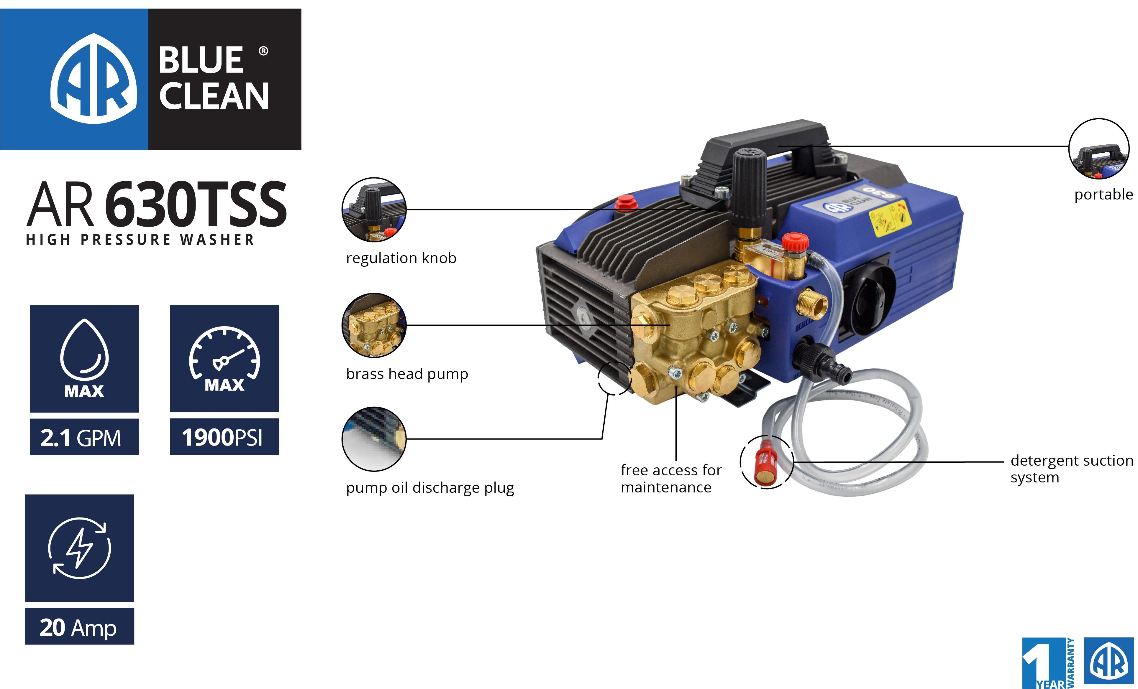 AR BLUE AR630TSS-1900 PSI Car Detailing Pressure Washer With Total Stop System