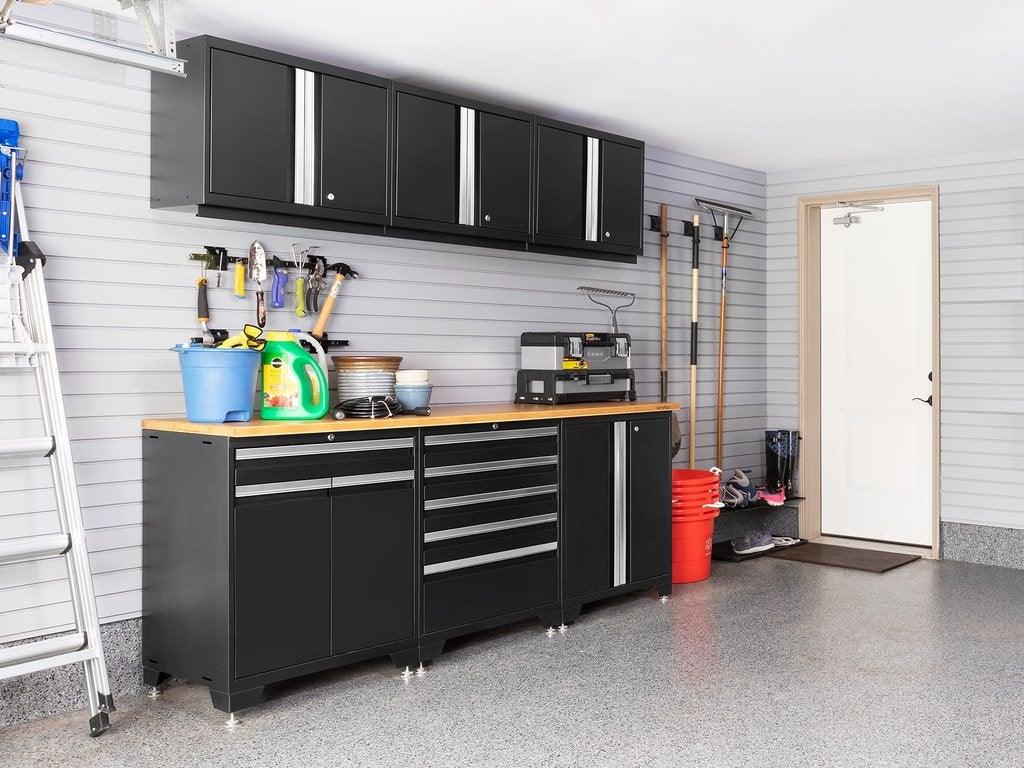 NEWAGE Série Pro 7 Pièces Ensemble de Cabinets avec Cabinet Bas, Cabinet Mural, Tiroir à Outils, Casiers et Plan de Travail de 56 pouces