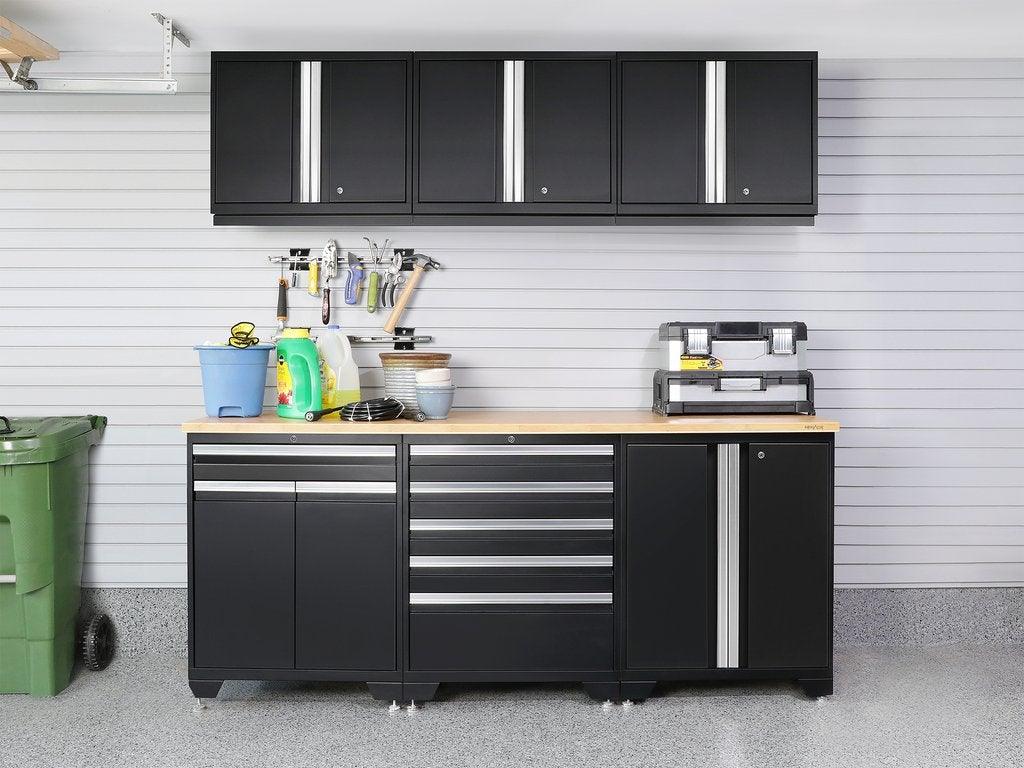 NEWAGE Série Pro 7 Pièces Ensemble de Cabinets avec Cabinet Bas, Cabinet Mural, Tiroir à Outils, Casiers et Plan de Travail de 56 pouces