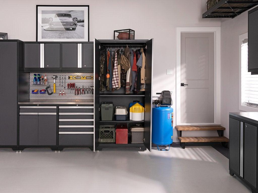NEWAGE Série Pro 7 Pièces Ensemble de Cabinets avec Cabinet Bas, Cabinet Mural, Tiroir à Outils, Casiers et Plan de Travail de 56 pouces
