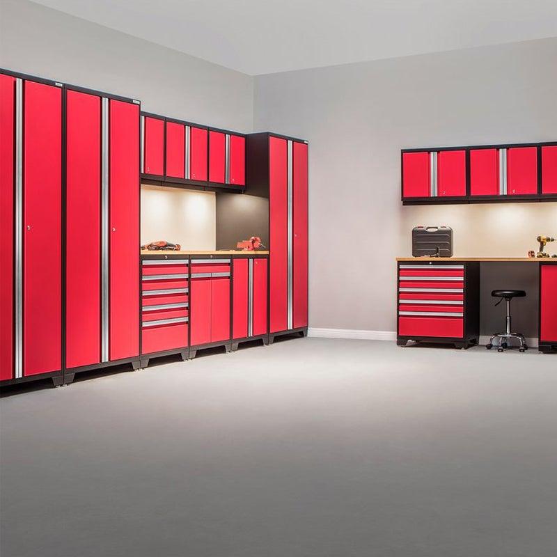 NEWAGE Série Pro 7 Pièces Ensemble de Cabinets avec Cabinet Bas, Cabinet Mural, Tiroir à Outils, Casiers et Plan de Travail de 56 pouces